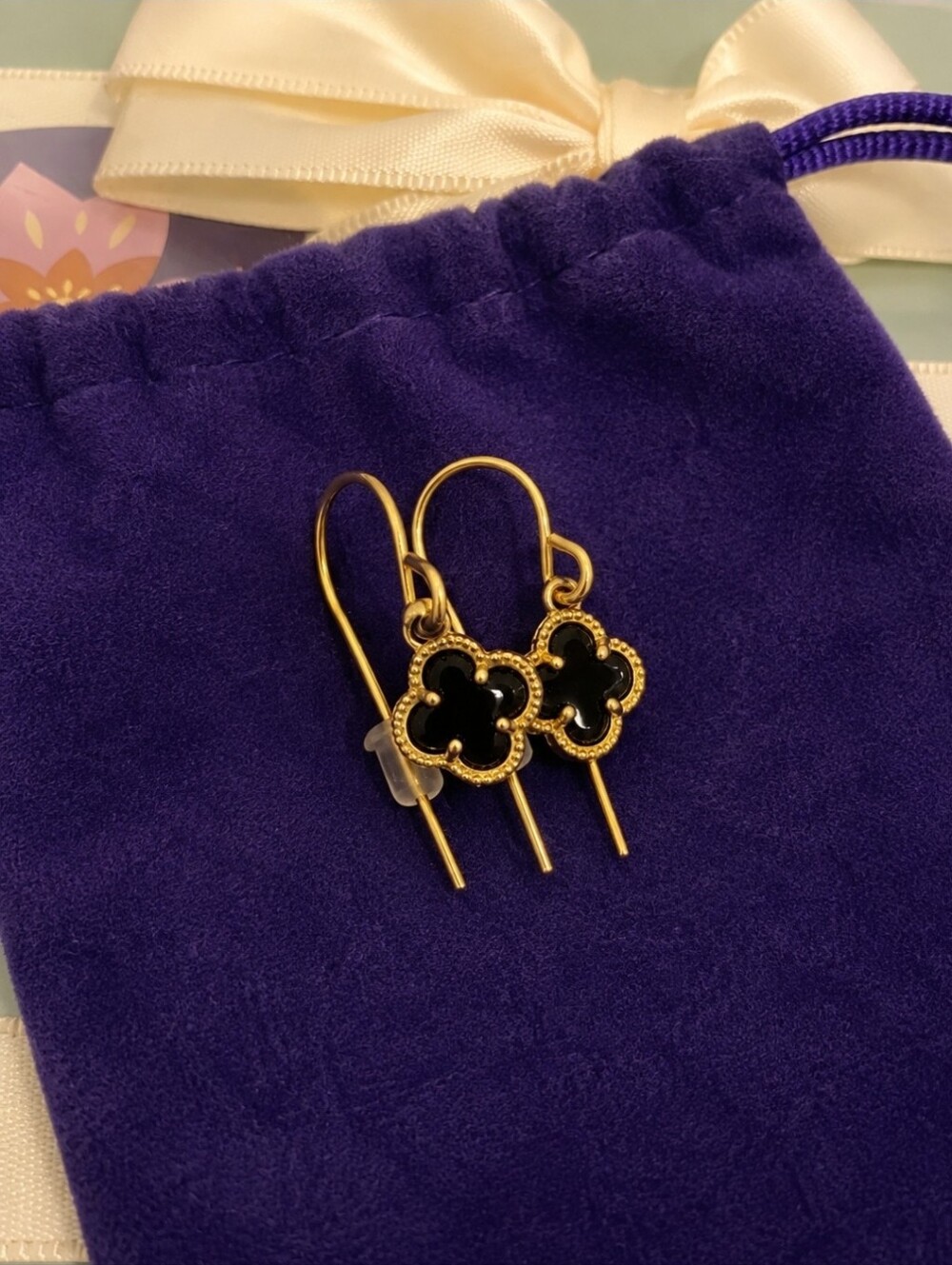 Gold Plated Drop Earrings with Black Clover Motif